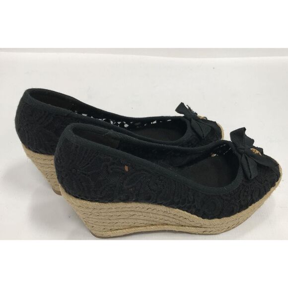 Like New Tory Burch Black Embroidered Platform Wedge Espadrilles Size 7.5B - Picture 2 of 6